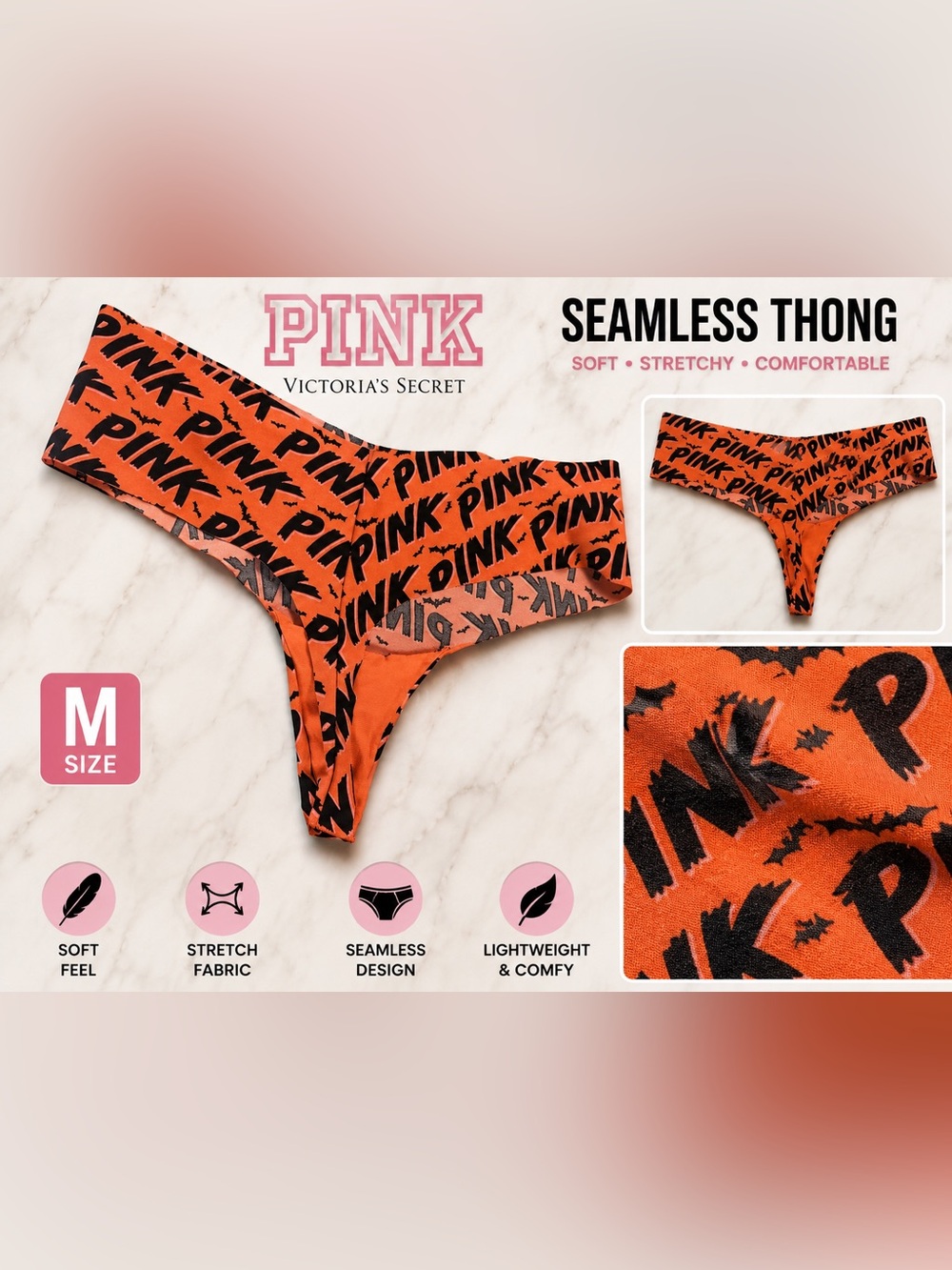 PINK Victoria's Secret Orange and Black Seamless Thong MEDIUM SEAMLESS